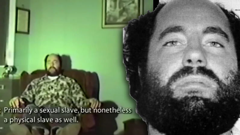 Man with a beard in an armchair on the left with text overlay, "Primarily a sexual slave, but nonetheless a physical slave as well." Black and white photo of the same man on the right, serious expression.