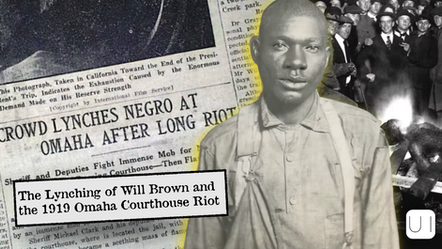 Newspaper headline reads: "Crowd Lynches Negro at Omaha". A solemn man is overlaid on the scene of a crowd. A burning figure is visible. Tense mood.