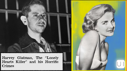 Man by bars and woman in strapless top; black-and-white with color overlay. Text: "Harvey Glatman, The 'Lonely Hearts Killer' and his Horrific Crimes."