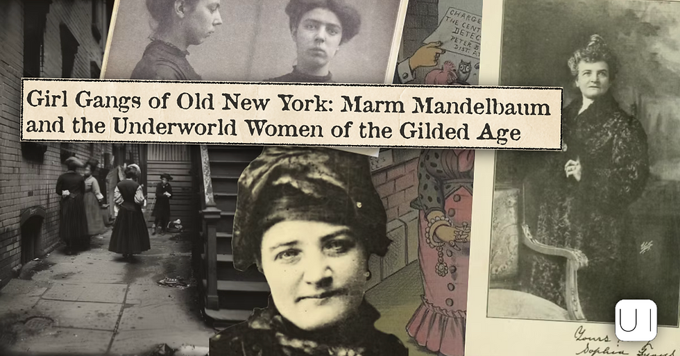 Vintage collage of women and drawings, titled Girl Gangs of Old New York: Marm Mandelbaum and the Underworld Women of the Gilded Age