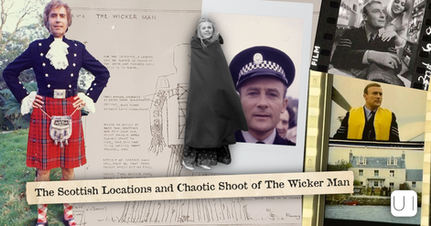 Collage for The Wicker Man (1973) showing Christopher Lee in a kilt, Britt Ekland in a cape, Edward Woodward in police uniform and strips of film