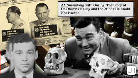 Man holding a skull, overlay of Hermann Goering's mugshot, military background. Text: "At Nuremberg with Göring." Serious, historical theme.