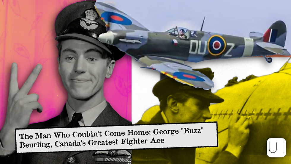 George Beurling in uniform salutes, smiling. WWII plane flies above. Background in pink and yellow hues. Text: "George 'Buzz' Beurling, Canada's Fighter Ace".
