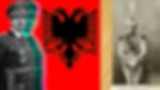 Three men in military attire overlaid on a vibrant red background with a black double-headed eagle. Vintage photo of a soldier on the right.