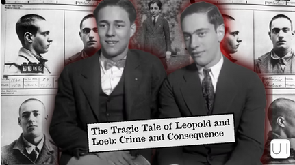 Two men in suits, sitting and smiling, with black and white mugshots in the background. A red-tinted boy stands in the center.