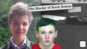 Two young men in front of green trees and a knife on a table. Text: "The Murder of Breck Bednar." Serious mood.