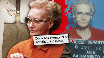 Woman in glasses and an orange jumpsuit, juxtaposed with a mugshot on a blue background. Red splatters and a tag add dramatic effect.