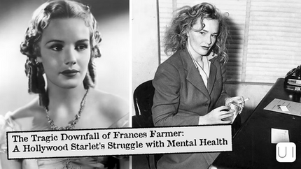 Split black-and-white photos of Frances Farmer, including a portrait and seated at a desk, with headline about her mental health struggle.