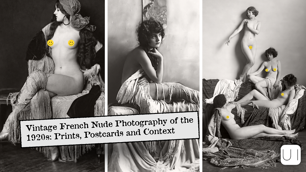 Three vintage black-and-white photos of nude women posed artistically, draped in fabric. Title text: "Vintage French Nude Photography of the 1920s".