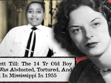 Two black-and-white portraits against a red background, featuring a boy in a tie and a woman with curly hair, both facing forward.