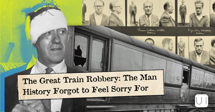 Collage of a bandaged man, shattered train and mugshots, with title text: The Great Train Robbery: The Man History Forgot to Feel Sorry For
