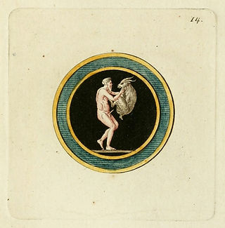 Naked man holding goat in a round medallion, number 24.