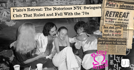 Vintage swingers embracing at Plato’s Retreat, with newspaper clippings and title text about the NYC sex club.