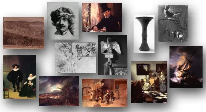 A collage of classic art showcases portraits, landscapes, and scenes with varied settings. The mood is nostalgic and artistic.