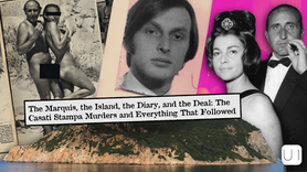 Collage with vintage photos, a couple embracing, and a man. Text reads: "The Marquis, the Island, the Diary, and the Deal." Coastline backdrop.
