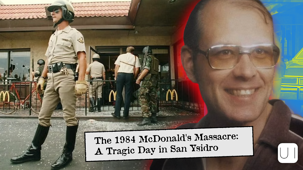 Police stand outside a McDonald's with shattered windows. James Huberty's smiling image is overlaid. Text reads: "The 1984 McDonald's Massacre."