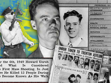 Collage with images of Howard Unruh, police, a newspaper headline about Camden massacre, and his report card. Text about a 1949 mass shooting.