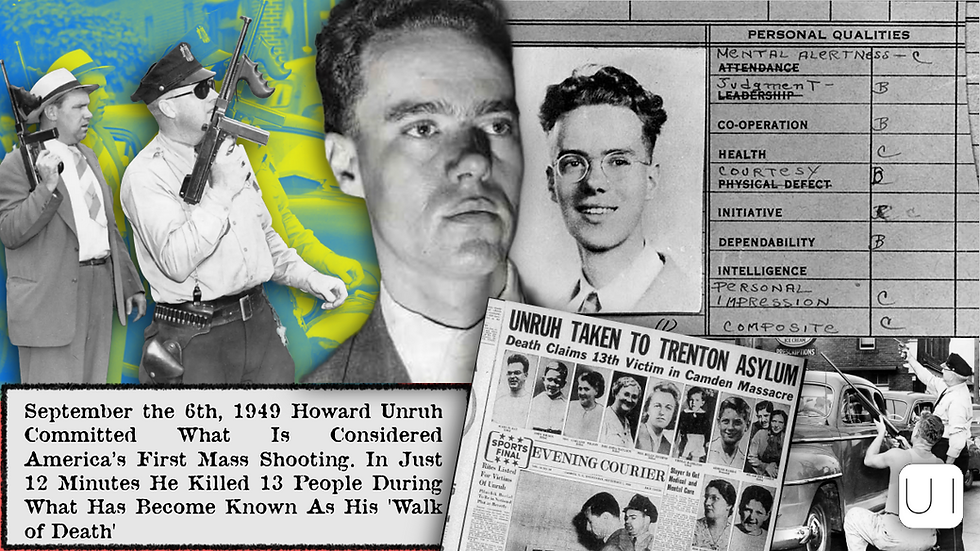 Collage with images of Howard Unruh, police, a newspaper headline about Camden massacre, and his report card. Text about a 1949 mass shooting.