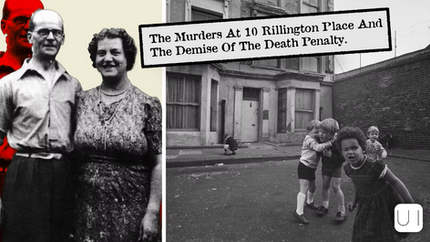 Black-and-white photo of children playing on a street with an old building. Inset shows a couple with block text: The Murders at 10 Rillington Place.