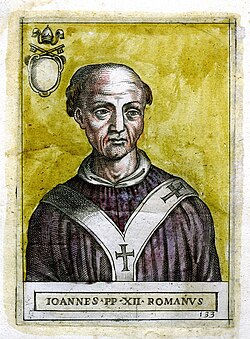 Pope John XII in historical attire with a cross depicted on the chest, against a yellow background. Emblem and text "IOANNES PP XII ROMANVS" visible below.