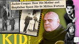 Collage of Jackie Coogan and Charlie Chaplin photos with headline about his mother and stepfather spending his $4 million fortune.