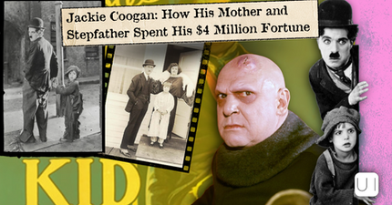 Collage of Jackie Coogan and Charlie Chaplin photos with headline about his mother and stepfather spending his $4 million fortune.