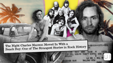 Collage of vintage car, Dennis Wilson,  group photo of The Beach Boys, and newspaper headline about Charles Manson. Background with palm trees and colorful sky. Mood is mysterious.