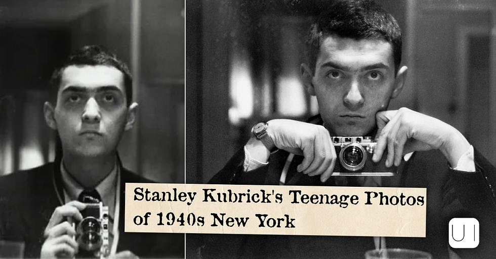 Black-and-white split photo of young Stanley Kubrick holding a camera; text reads Stanley Kubrick's Teenage Photos of 1940s New York