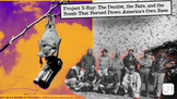 A bat with a bomb hangs from a branch, against a vibrant orange and purple sky. Below, a black-and-white photo shows a group of men outdoors. Text reads "Project X-Ray: The Dentist, the Bats, and the Bomb That Burned Down America's Own Base."
