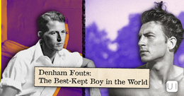 Two grayscale portraits of a young man on purple and blue backgrounds with title text: Denham Fouts: The Best-Kept Boy in the World