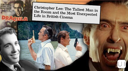 Collage of films featuring dramatic scenes, bold colors, and text: "Christopher Lee: The Tallest Man in the Room and the Most Unexpected Life in British Cinema."