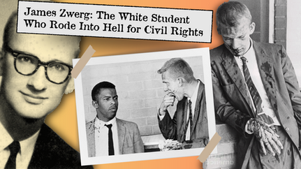 Portrait of a James Zwerg in glasses. Overlay of John Lewis and James Zwerg, one injured, another talking. Text reads: "James Zwerg: The White Student Who Rode Into Hell for Civil Rights."