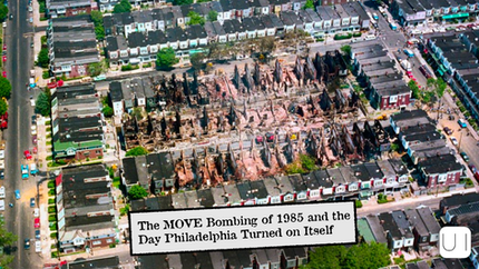 Aerial view of Philadelphia rowhouses, showing destruction and rubble. Bright roofs surround the area. Text: The MOVE Bombing of 1985.