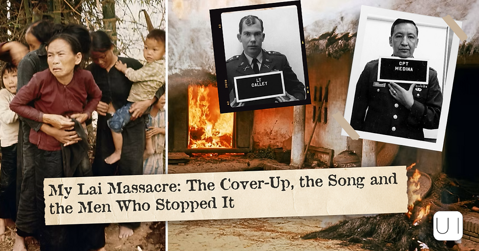 Collage of My Lai Massacre: Vietnamese family huddles beside burning hut, with Lt. Calley and CPT Medina mugshots.