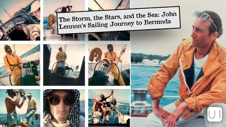 Collage of a John Lennon sailing, wearing different outfits, on a yacht. Ocean in background, diverse expressions, relaxed mood, sunny day.