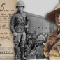 A historical collage showing young Winston Churchill during the Second Boer War. He is depicted in military uniform with a pith helmet, alongside a £25 reward notice issued by the Boer authorities for his capture—dead or alive. In the background, a group of Boer War soldiers is assembled, and an inset photo shows a posed portrait of Churchill in a slouch hat and early military attire.