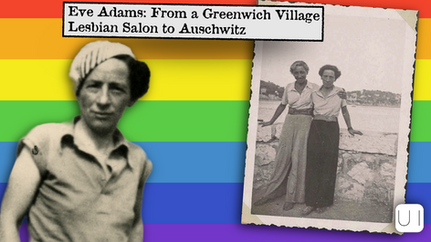 Vintage photo of two women embracing by the sea. Text: Eve Adams: From a Greenwich Village Lesbian Salon to Auschwitz. Rainbow background.