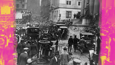 Crowd gathers around overturned cars on a city street near a building, smoke visible. Chaos and urgency are evident. Pink hue on the edges.
