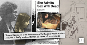 Collage of Karen Greenlee clippings, a corpse sketch, and headline She Admits Sex With Dead, evoking morbid shock.