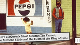 Pepsi mural with a child jumping and a man in a cap by a green brick wall; overlay reads Steve McQueen's Final Months
