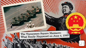 Graphic about Tiananmen Square massacre with tanks, Mao illustration, Chinese emblem, and protest crowd; title text on June 4, 1989.