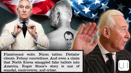 Man in suit with Nixon tattoo, waving hand, U.S. flag background. Text: "Flamboyant suits, Nixon tattoo, scandal, controversy, and crime."