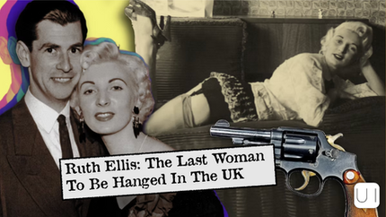 A couple poses smiling, a woman reclines in the background. A revolver is prominently displayed. The image has a vintage, noir style.