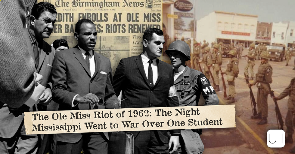 Collage of Ole Miss riot: suited Black men and a soldier stand before 1962 newspaper and armed troops; title text overlays.
