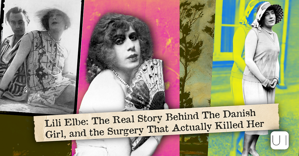 Collage of vintage photos of Lili Elbe with bold headline about her story and surgery on pink, yellow, and black background.