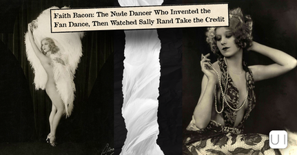 Vintage collage of two flapper women in feathers and pearls with headline about Faith Bacon and the fan dance.