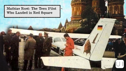 Group of people near a small plane in Red Square, with historical architecture in background. Text: Mathias Rust: The Teen Pilot.