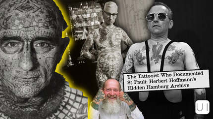 Tattooed men in black and white photos, one with sunglasses. Smiling elderly man with a beard in foreground. Text: "The Tattooist Who Documented St Pauli: Herbert Hoffmann's Hidden Hamburg Archive.