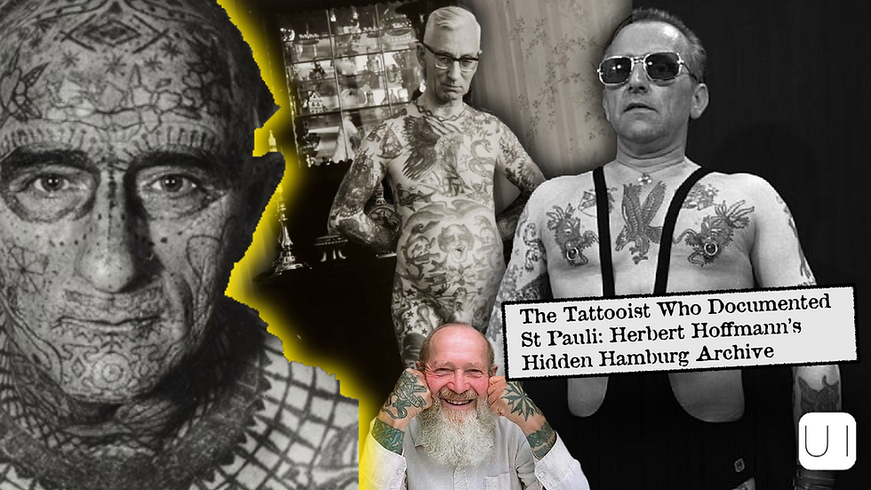 Tattooed men in black and white photos, one with sunglasses. Smiling elderly man with a beard in foreground. Text: "The Tattooist Who Documented St Pauli: Herbert Hoffmann's Hidden Hamburg Archive.