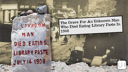 Gravestone reads: "Unknown Man Died Eating Library Paste July 14 1908." Sepia-toned town scene in background, creating a nostalgic mood.